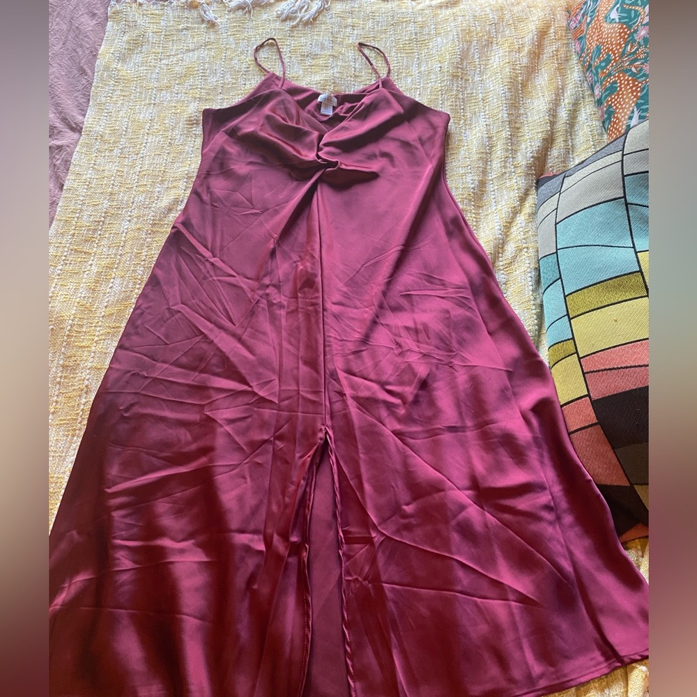 Nicole Miller ruby satin slit spaghetti strap midi
